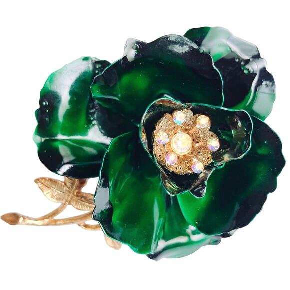 VTG 1960s Brooch Green Enamel Flower AB Rhinestones Gold Tone Mid Century Pin - Picture 13 of 13